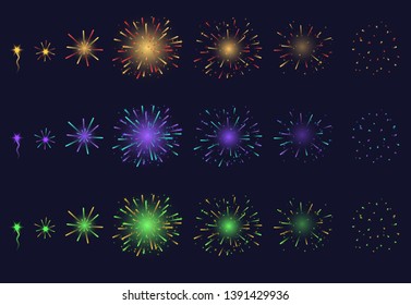 Realistic Detailed 3d Light Fireworks Animation Set On A Dark Background. Illustration Of Color Bright Effect
