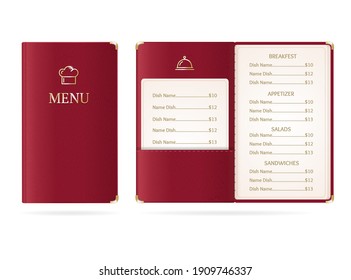 Realistic Detailed 3d Red Covered Menu Book Restaurant Set Opened With Check Template And Closed View. Illustration