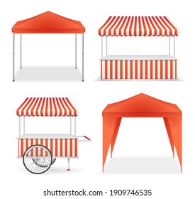 Realistic Detailed 3d Red and Striped Blank Market Stall Empty Template Mockup Set. illustration of Stalls