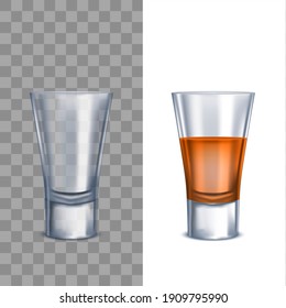 Realistic Detailed 3d Shot Glasses Set Empty And Full On A And White Background. Illustration Of Alcohol Beverage