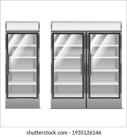 Realistic Detailed 3d Supermarket Freezer Set Refrigerator for Fresh Food and Drink. illustration of Fridge Shop Equipment
