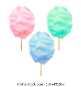 Realistic Detailed 3d Trendy Color Cotton Candy Set Sweet Sugar Dessert On Stick Summer Tasty Food. Illustration