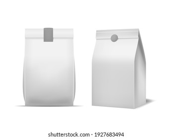 Realistic Detailed 3d White Blank Paper Bag Food Template Mockup Set. Illustration Of Bags Mock Up