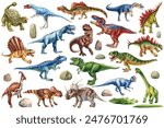 Realistic Dinosaur isolated. Hand drawing watercolor dinosaurs set. Dino clipart. Different reptiles prehistoric period