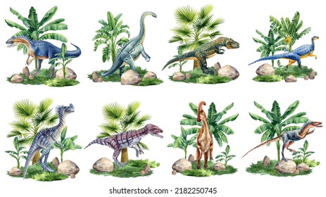 Realistic dinosaur isolated on white background. Hand painted watercolor dinosaurs illustration set.