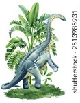 Realistic dinosaur Jurassic plant isolated. Hand draw watercolor dinosaurs illustration for encyclopedia ancient animals