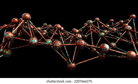 Realistic DOF Camera Abstract 3D Illustration Of The Aged Rusty Weathered Copper Molecular Plexus Pattern Against Black
