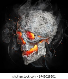 Realistic drawing of a human skull. Color illustration: skull, ash, smoke, coal, fire.