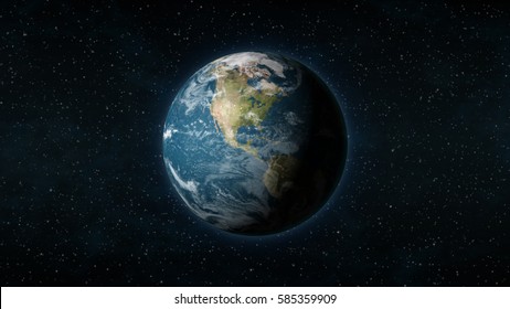 Realistic Earth centered on the North American continent, with stars in the background