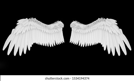 Realistic Elegant White Angel Wings Isolated On Black Background, 3D Rendering.