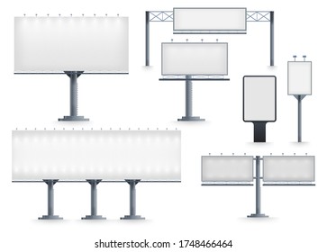 Realistic Empty Billboard Isolated On White Background. City Outdoor Blank Banner Large Format For Advertise Media. Outdoor Advertising Poster Template. Empty Bill Board For Ad Media.