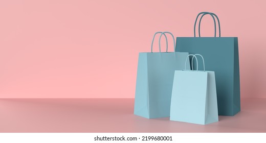 Realistic Empty Blue Paper Bags On Pink Background, Copy Space Text. Online Shopping Concept. 3d Render Illustration. Creative Design Sale Event Poster Template For Business, Retail And Commerce