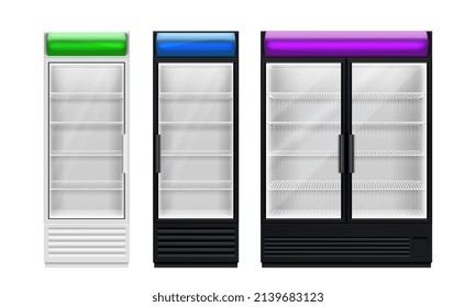 Realistic Empty Fridge. Store Fridges, Freezer Displays For Drinks Food Snacks. Isolated 3d Supermarket Equipment Template