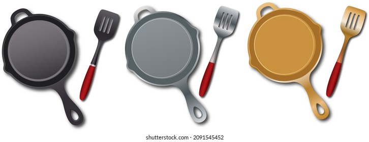 Realistic Empty Frying Pan Icon In Top View Isolated On White Background In Black, Silver And Gold