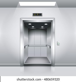 Realistic Empty Modern Elevator With Open Door