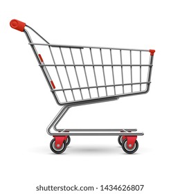 Realistic Empty Supermarket Shopping Cart Illustration Isolated On White Background. Illustration Of Basket For Supermarket, Trolley Retail Metallic Pushcart