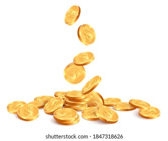 Realistic Falling Coins. Golden Coin Falling Down, 3D Gold Jackpot Rain, Casino Shiny Falling Cash Money Isolated  Background Illustration. Winning Prize, Having Luck In Gambling