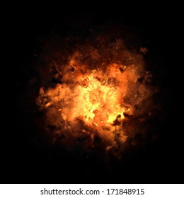 Realistic fiery explosion busting over a black background.