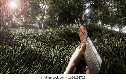 Realistic first person shooter war game screenshot concept - man running with ak-47 rifle through the lush forest - contains blurs and artifacts effects, 3d rendering 