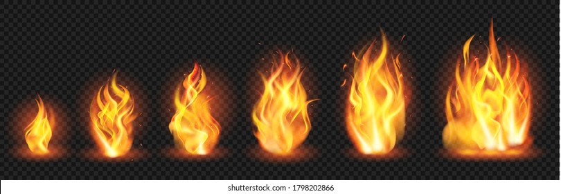 Realistic Flame Concept. Flaring Fire Blaze, Various Size Burning Spurts Of Flame, Growing Wildfire Flames Isolated  Illustration Set. Blaze Burn, Hot Flaming, Bonfire Ignite Transparent