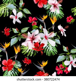 Realistic flowers pattern seamless. CLIP ART - photo collage. Beautiful artistic tropical flowers for floral design.
