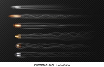 Realistic flying bullet. Smoke traces isolated on transparent background, stop motion different fired bullets.  gun shot smoke illustration traces
