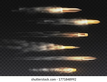 Realistic flying bullets in motion. Gunshots, bullets in motion, military smoke trails. 3D image. Smoke traces isolated on transparent background. Handgun shoot trails. 