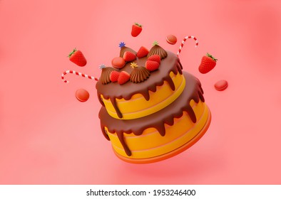 Realistic flying cake chocolate with 
red strawberries toppings and  macaroons  3d illustration - Powered by Shutterstock