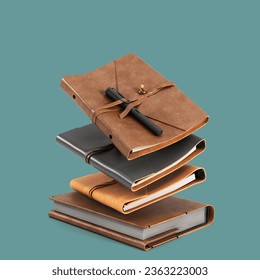 Realistic flying lather notebook set with pen 3d render on color background