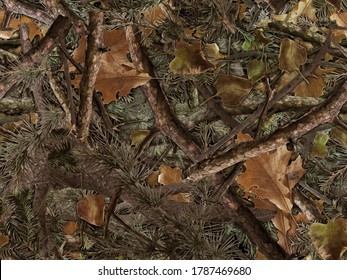 Realistic forest camouflage. Seamless pattern. Conifer and oak branches and leaves. Useable for hunting and military purposes.                                                  