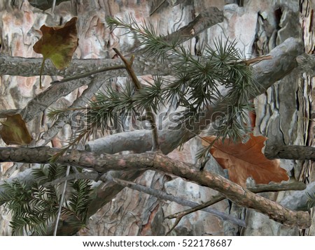 Realistic forest camouflage. Seamless pattern. Conifer tree, branches and leaves. Useable for hunting and military purposes.                                