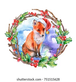 A Realistic Fox In Santas Red Hat In A Christmas Wreath With Holly Illustration A Realistic Fox In Santas Red Hat In A Christmas Wreath With Holly Illustration