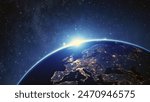 Realistic geography surface and orbit of planet earth with 3D cloud atmosphere and night visible lights of European and Asian countries. Outer space view of the earth globe sphere with continents. 3D 