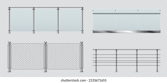 Realistic Glass And Metal Balcony Railings, Wire Fence. Transparent Terrace Balustrade With Steel Handrail. Pool Fencing Sections  Set. Banister Sections Or Panels With Pillars