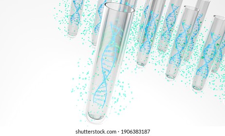 Realistic glass test tubes on a white background with rotating dna inside. 3d rendering.