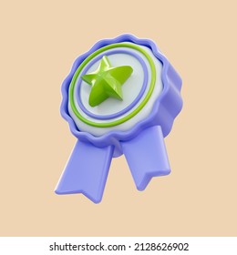 Realistic Glossy Cartoon Look Certificate Badge Icon 3d Render For Medals With Star And Ribbon