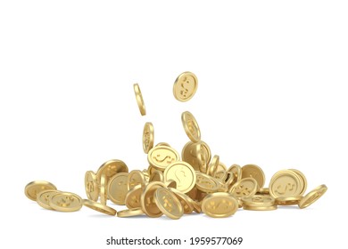 Realistic Gold Coin Explosion Or Splash On White Background. Rain Of Golden Coins. 3D Rendering. 3D Illustration.