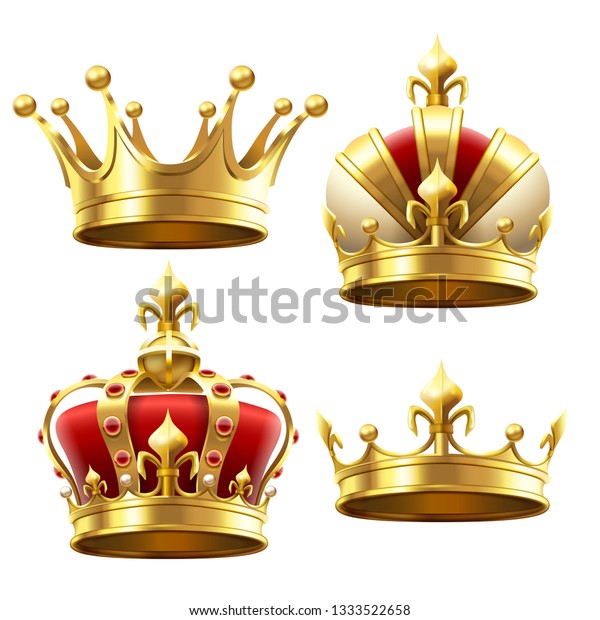 リアルな金の王冠 王と王妃の頂戴祝い 王室の金色の貴族の王様である赤い宝飾の王冠 Monarch宝石ロイヤリティ高級戴冠3d分離型アイコンセット の イラスト素材