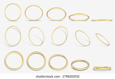 Realistic golden 3D ring. Gold decorative geometric round rings, 3d yellow gold metallic rings  illustration icons set. Golden ring realistic, bright jewelry, luxurious glowing