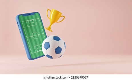 Realistic golden cup, football red,  soccer ball on football field in smartphone screen on golden coins background. 3D render betting application promo. Online betting, bookmaker advertis - Powered by Shutterstock