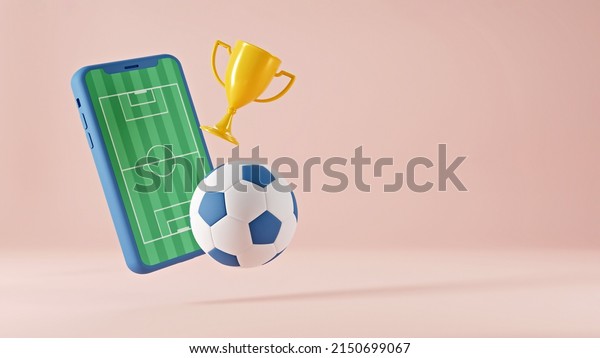 Realistic golden cup, football red,  soccer ball\
on football field in smartphone screen on golden coins background.\
3D render betting application promo. Online betting, bookmaker\
advertis