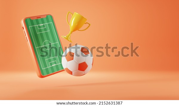 Realistic golden cup, football red,  soccer ball\
on football field in smartphone screen on golden coins background.\
3D render betting application promo. Online betting, bookmaker\
advertis