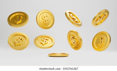Realistic golden dollar coins movement isolate on white background. Floating coins, Coin dropping, 3D rendering.