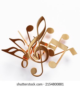 Realistic Golden Metal Treble Cle And   Musical Notes On A White Background. 3d Golden Musical Symbol - Decoration Elements For Design. 