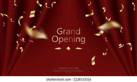 Realistic Grand Opening Invitation With Red Curtains And Golden Confetti. .