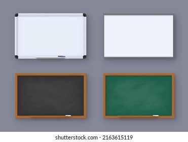 Realistic Green Blackboard, White Marker Board And Projector Screen. School Old Chalkboard. Boards For Education Or Presentation  Set Of Blackboard And White Board For Drawing Illustration
