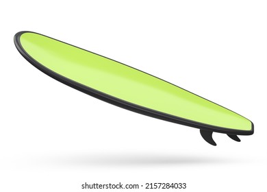 Realistic green surfboard isolated on white background. 3d render of summer surfing on a surf board at the beach