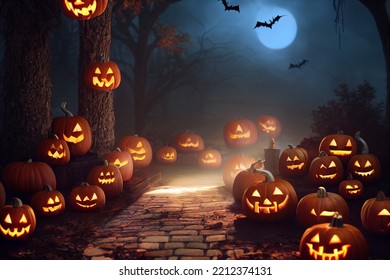 Realistic Halloween Pumpkins With Flying Bats In The Scary Jungle While Full Moon. 3D Rendering