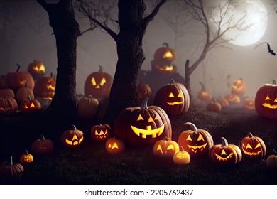 Realistic Halloween Pumpkins In The Scary Jungle While Full Moon. 3D Rendering