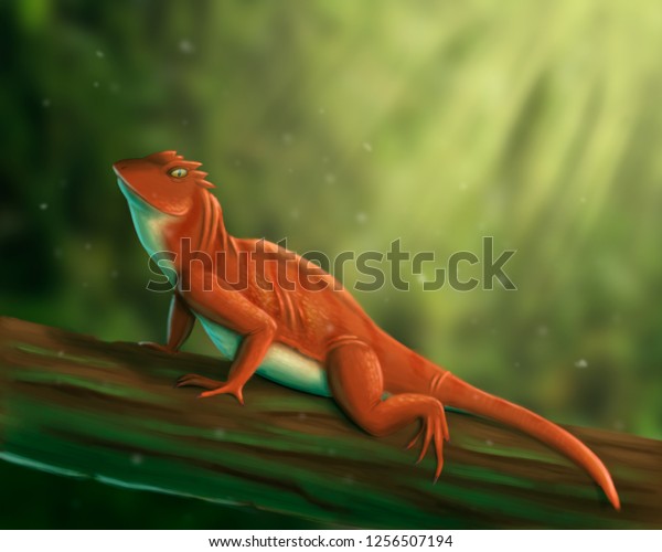 リアルな手描きのトカゲの絵 森の生き物のイラスト 赤爬虫類 のイラスト素材